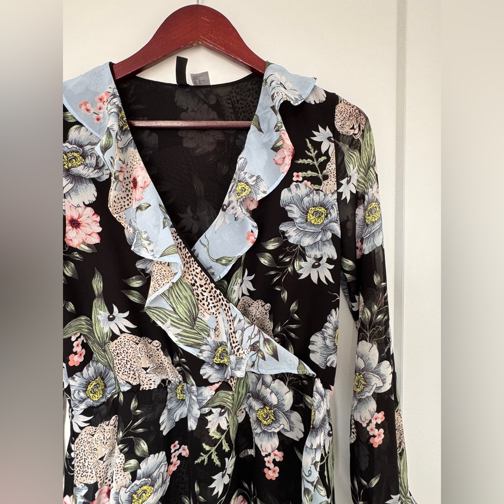 H&M Black and Blue Ruffled Wrap Dress with Bishop Sleeves - Picture 2 of 7